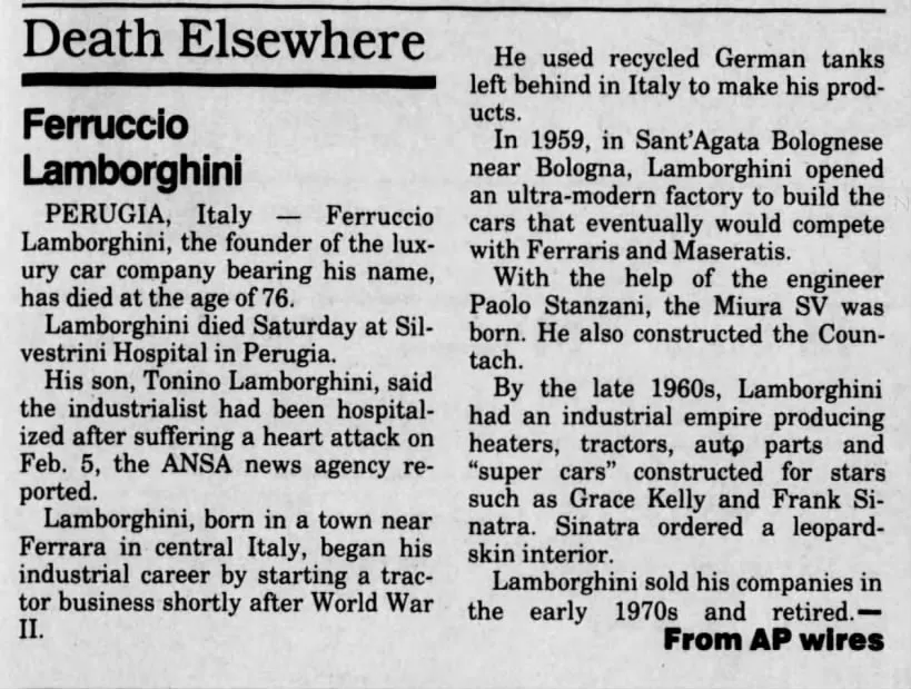 Статия за смъртта на Феручо Ломбарджини през 1993 г
