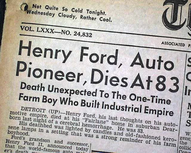 Статия за смъртта на Хенри Форд през 1947 г